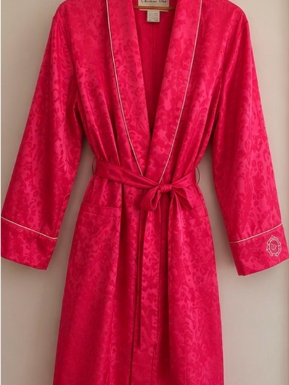 Dior Hot Pink Satin Jacquard Robe with Contrast Piping